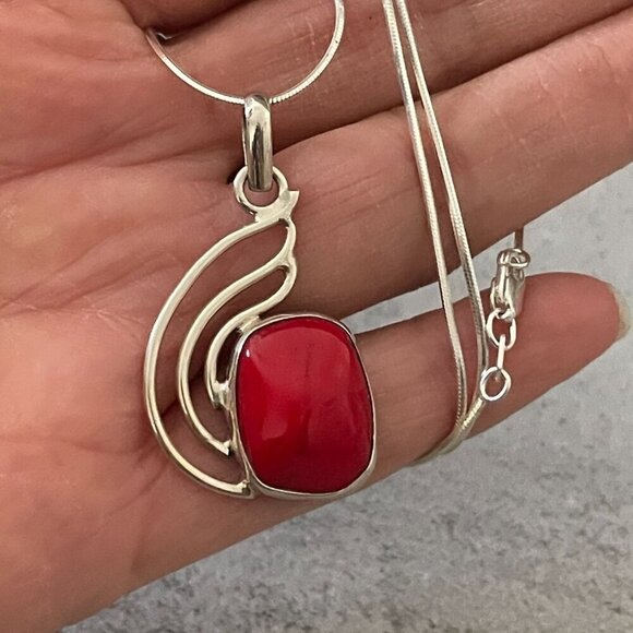 Artisan Crafted Red Coral Abstract Sterling Silver Pendant Necklace with Chain - Picture 1 of 9